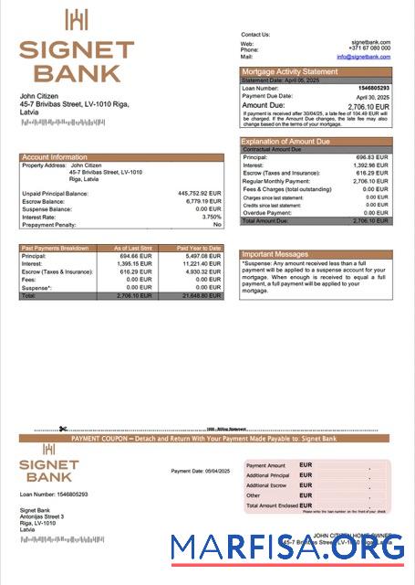 Downloadable Latvia Signet Bank mortgage statement Word and PDF template